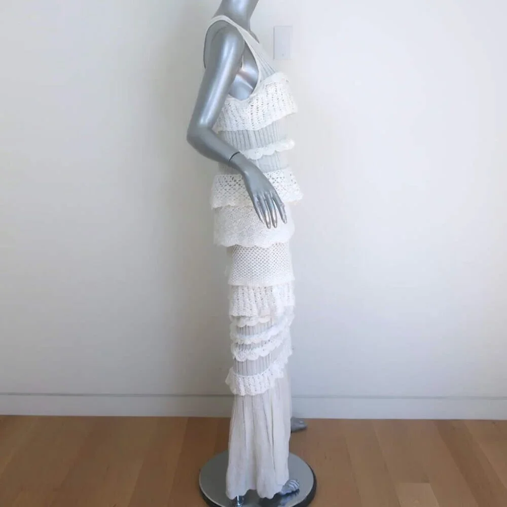 STAUD Sorrento Ruffled Crocheted Maxi Dress White Cotton-Blend Size Medium NEW - Picture 4 of 7